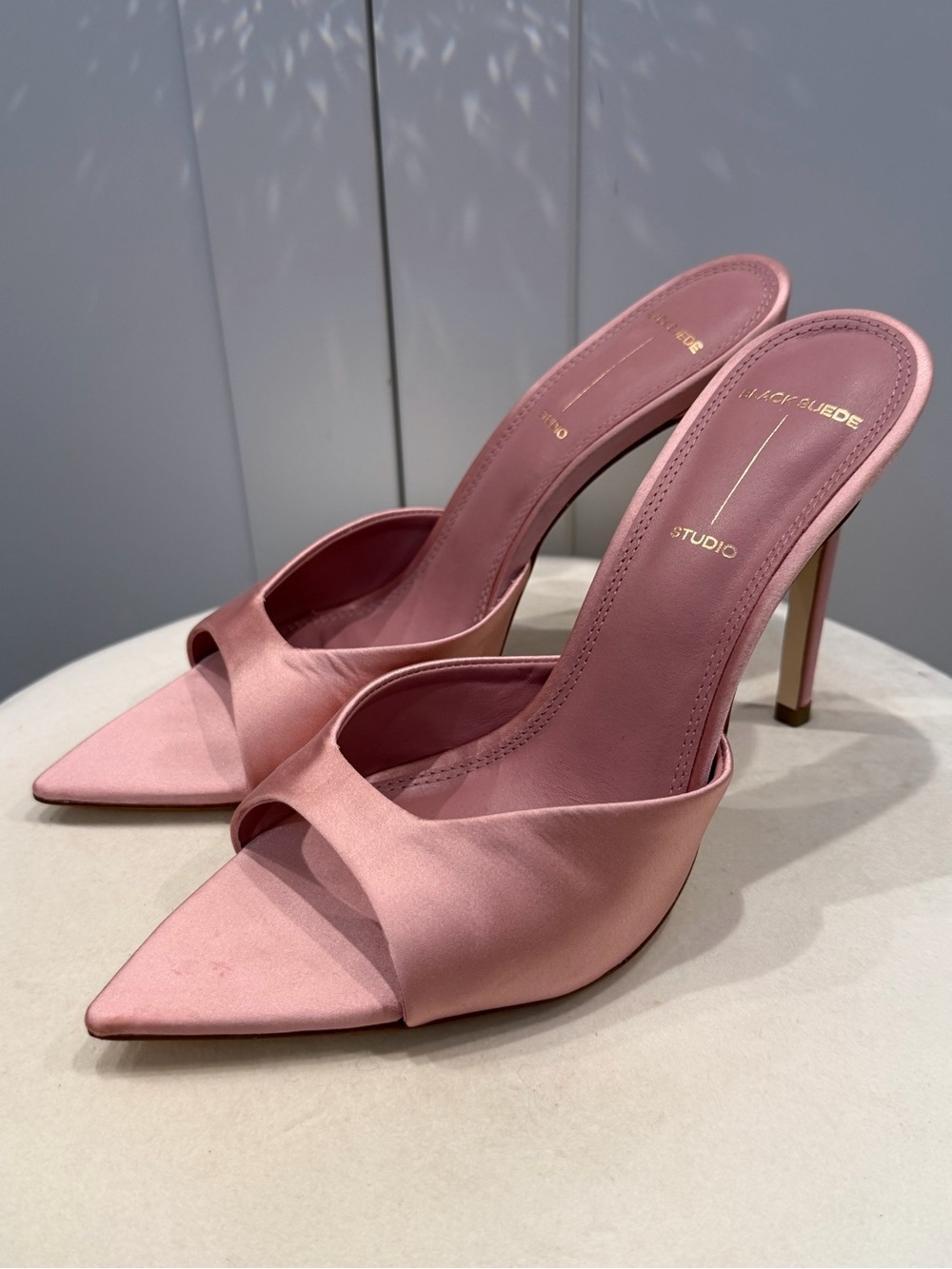 Black Suede Studio Pink Satin Pointed-Toe Stiletto Mules